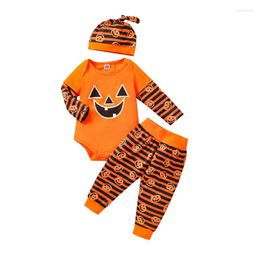 Clothing Sets 2022 Halloween Born Baby Boy Girl Long Sleeve Cotton Bodysuit Tops Striped Pumpkin Print Pant Hat 3PCS Set