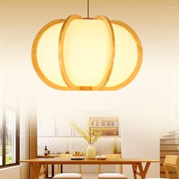 Pendant Lamps Japanese Style Pumpkin Shape Solid Wooden Lantern With PVC Shade E27 Max 40W LED Cord Hanging Light For Bar Restaurant