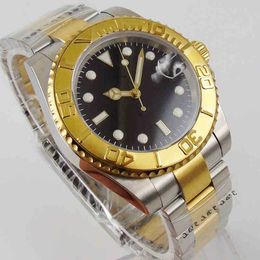 Watch 40mm Sterile Black Dial Luminous Gold Plated Insert Bezel Sapphire Glass Nh35 Date Automatic Mens