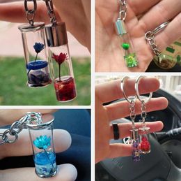Natural Eternal Flower Glass bottles Key Rings Keychain For Women Girls Real Dried Flowers Plants Key Chains Keyrings Keys Bags Accessories Jewellery Gifts