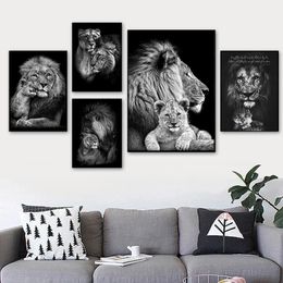 Black White African Lion Family Paintings Poster Print Father Mother Kids Face Canvas Wall Art Home Painting Pictures Decoration Bedroom Aesthetic Art Frameless