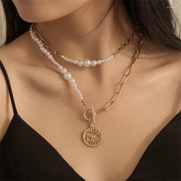 Pendant Necklaces WeSparking EMO Double Pearl Clock Necklace With Stylish Patchwork Clavicle Chain Set For Women