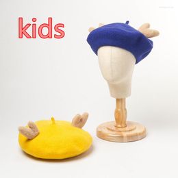 Berets 202204-HH0028 Lovely Antlers Thin Wool Kids Beret Cap Children Leisure Painter Hat