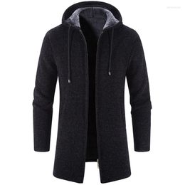 Men's Trench Coats 2022 Autumn Winter Fashion Hooded Cashmere Men Cardigan Chenille Knitted Coat Mid Length Windbreaker Male