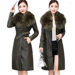 Women's Leather 2022 Autumn Winter Jacket Women's Clothing Add Velvet Thicken Mid-Length Big Fur Collar Slim Ladies Coat