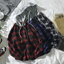 Men's Jackets Chic Shirt Coat Oversized Windproof Breathable Men Fashion Red Plaid Print Hooded