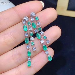 Dangle Earrings Natural Small Emerald Gemstone Long Chain Drop Real 925 Silver Fine Charm Wedding Jewelry For Women