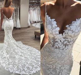 Berta sirena vestidos de novia 3D apliques florales de encaje sin espalda barrido tren de tul de talla grande Boho playa vestidos de novia Robe De