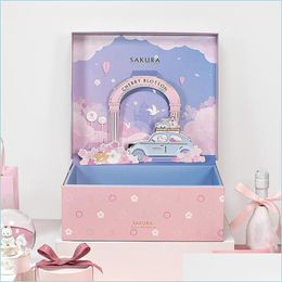 Gift Wrap Gift Wrap Fashion Stereoscopic Box Pink Blue 3D Elk Car Sakura Ered Bronzing Letters Wedding Party Candy Scarf Toy Paper B Dheff