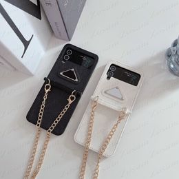 Luxury Designer Retro Leather Phone Cases Letter Brand for Samsung Glaxy Z Flip 2 3 4 Full Protect Fold Pattern Case Cross Body Shoulder Strap Cover Flip2 Flip3 Flip4