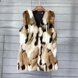 Women's Fur Faux Patchwork Color Contrast Winter Medium Long Vest Warm Women's Coat Is Soft