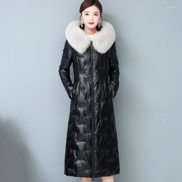 Women's Leather Women Down Jacket Autumn Winter 2022 Fashion Real Fur Collar Hooded Embroidery Slim Long Sheepskin Coat