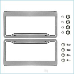 License Plate Frames 2Pcs Sier Chrome Stainless Steel Frames Metal License Plate Frame Tag Er With Screw Caps Car Styling Drop Deliv Dhceq