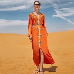 Ethnic Clothing Arabian Dress Women Muslim Long Evening Diamond Orange V Neck Moroccan Robe Summer Dubai Abaya Ladies Chiffon Style