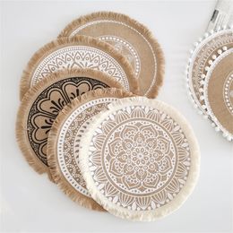 Mandala Round Place Mats Boho Cotton Woven Mandala Tassels Heat Proof Washable Circle Placemats for Kitchen Dining Table