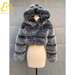 Women's Fur Faux Winter Warm Fluffy Coats Jackets Women High Quality Fake Cropped with Hooded Jacket T221102