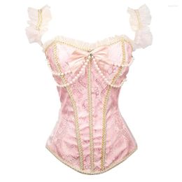 Bustiers & Corsets Sexy Pink Floral Pearl Overbust Corset Tops Bustier Lace Up Women Clothing Coselet Off Shoulder Lingerie S-XXL