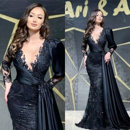 Black Lace Prom Dresses Engagement Formal Dress Dubai Arabic Long Sleeves Mermaid Evening Gown