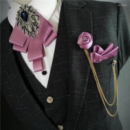 Bow Ties Men Ribbon Handkerchief Alloy Chain Flower Brooch Pocket Square Neck Tie Set Groom Wedding Party Chic Rhinestone Bowtie