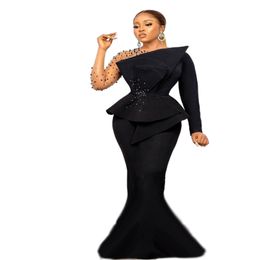 Aso Ebi Black Mermaid Formal Evening Dresses Pearls Crystals Beaded Long Sleeves Plus Size Fashion Party Ladies Prom Gowns Pageant274H