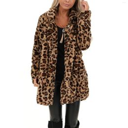 Women's Fur Women's Leopard Faux Overcoat Fashionable Turn-down Collar Pocket Fuzzy Warm Furry Winter Outwear Long Coat Streetwear