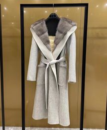 Grey Women Cashmere Wool Fur Coats Bathrobe Style Sashes 80% White Duck Down liner furs hoody female outerwear XLong