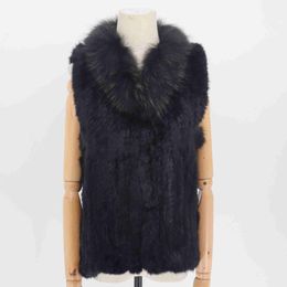 Women's Fur Faux 2021 Fashion Real Rabbit Vest High-end Knitted Sleeveless Vests With Natural Raccoon Jacket Coat T221102