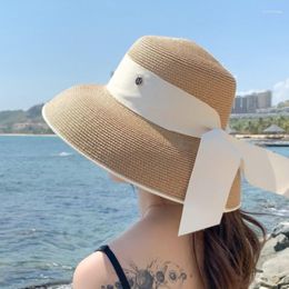 Wide Brim Hats M Letter Shade Cap Straw Hat Colour Matching Bow Knot Fashion French Hepburn Small Fragrant Outdoor Beach