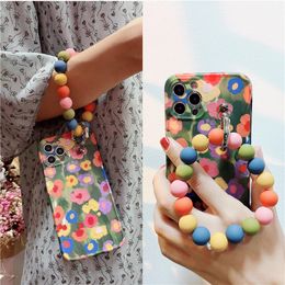 New Cases Luxury Flower Graffiti Round Bead Bracelet Phone Chain Soft Phone Case For iPhone 14 13 12 11 Pro Max 7 8 plus X XR XS SE Cover