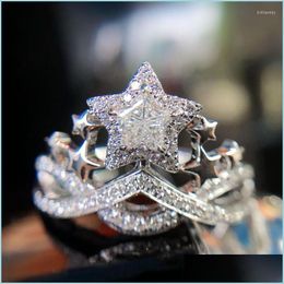 Cluster Rings Cluster Rings Qluxury Sier Colour Female Ring Classic Crown With Star Zircon Stone Wedding Accessories Jewellery 2022Clus Dh7Pm