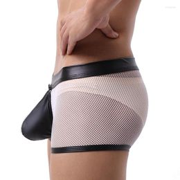 Underpants Sexy Men Boxer Shorts Gay Open Crotch Underwear Low Waist Mesh U Convex Patent Leather Erotic Cutout Cueca