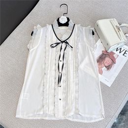 Women's Blouses 2022 Summer Thin Chiffon Blouse For Woman Princess Style Sweet Bow Pleated Lace Sleeveless Shirt Girls Ladies Top