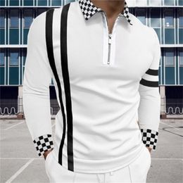 Men's Polos Fashion Patchwork Striped Long Sleeve Tops Male Casual Zip-up Turn-down Collar Shirts Vintage Slim Shirt 221101