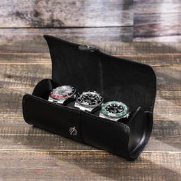 Watch Boxes Leather Organiser Case Free Engraving Logo Retro First Layer Cowhide Box Black Storage 3 Slot Dustproof Gift