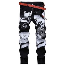 Men's Jeans Men's white painting printed black jeans Fashion painted slim straight pants T221102