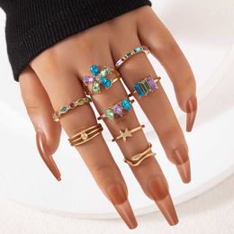 New Luxury OL Colourful Diamond Flower Ring Set Geometric Snake Scallop Eight piece Ring Set Female