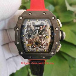 Hot Items Mens Watch 44mm x 50mm RM11-03 Skeleton Carbon Fibre Designer Watches Red Leather Bands Sapphire Transparent Mechanical Automatic Men's Wristwatches