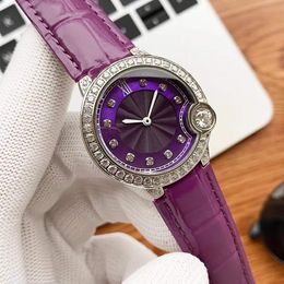 Brand Classic Geometric Circle Wristwatch Purple Leather Watches Colourful Dial Romen Number Clock Women Big Diamond Quartz Watches Waterproof 33mm