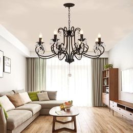 Chandeliers Candle Chandelier Retro Wrought Iron Lighting Living Room Crystal Lights Clothing Store Dining Lamps Black
