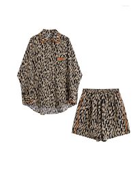 Women's Tracksuits Leopard Print Elegant Vacation Suits Women Long Sleeves Shirts And Pants Two Pieces Outfits Summer