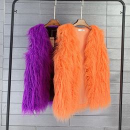 Women's Fur Luxury Imitation V-Neck Vest Warm Wool Faux Mink Female Jacket Sleeveless Coat Long Hair Tops 2022