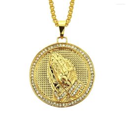 Pendant Necklaces Megin D Stainless Steel Titanium Punk Luxury Gold Prayer Hand Hip Hop Round Collar Chains Necklace For Men Women Jewelry