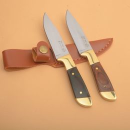 Promotion G1112 Survival Straight Knife 440C Satin Drop Point Blade Full Tang Wood Handle Outdoor Camping Hiking Fishing Hunting Knives with Leather Sheath