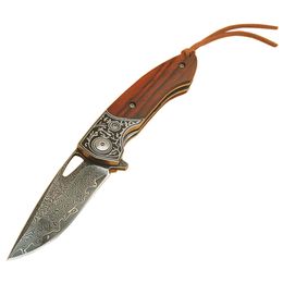 Promotion R1101 Flipper Folding Knife Damascus Steel Drop Point Blade Rosewood with Carving Steel Head Handle Ball Bearing Fast Open EDC Pocket Folder Knives