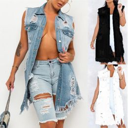 Women's Jackets Ladies Vintage Jean Vest Casual Lapel Button Down Sleeveless Pocket Distressed Crop Denim Shirt Teen Girls Coat