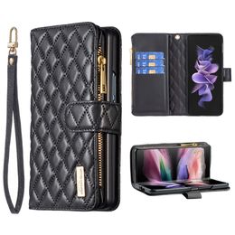 Wallet Phone Cases for Samsung Galaxy Z Fold 4/3 Rhombic Style Design Lambskin Leather Feeling Cover Case with Zipper Coin Purse