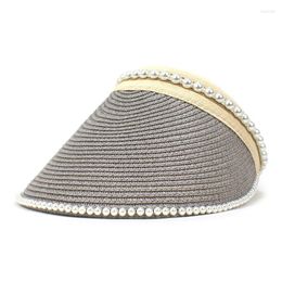 Berretti a sfera Cappello di paglia estivo Visiere di perle tinta unita Cappello di protezione solare per donna 10