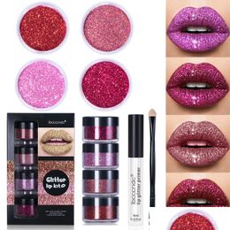 Lip Gloss 4Color/Set Diy Glitter Liquid Lipstick Shiny Lip Gloss Diamond Waterproof Long Lasting Lipgloss Kit With Eyes Lips Brushes Dhkkz