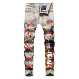 Men's Jeans Men's Tie and Dye Letters 3D Printed Jeans Y2K Fashion Holes Ripped Stretch Denim Pants Slim Straight Trousers T221102