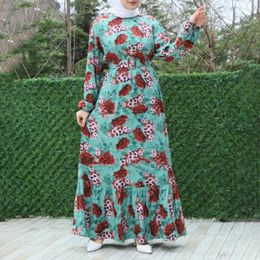 Ethnic Clothing Abaya Dubai Dresses For Women 2022 O-collar Bundle Sleeve Elegant Maxi Dress Muslim Africa Floral Print Swing Islamic